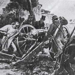 Mentana. Garibaldi presso uno dei due pezzi di artiglieria catturati al nemico; essi permisero di avere il sopravvento nella prima fase della battaglia