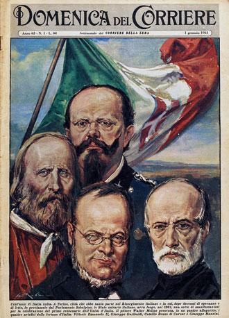I “padri della Patria” in una copertina della Domenica del Corriere del 1961 (corriere.it)