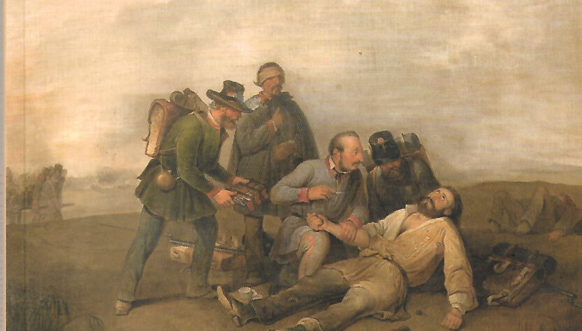 Il medico Zannetti cura un soldato ferito sui campi di battaglia, dipinto di Giuseppe Moricci, Fondazione Spadolini-Nuova Antologia